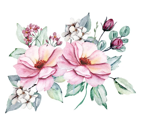 Acuarela Flores Con Hojas Pintura Mano Concepto Floral —  Fotos de Stock