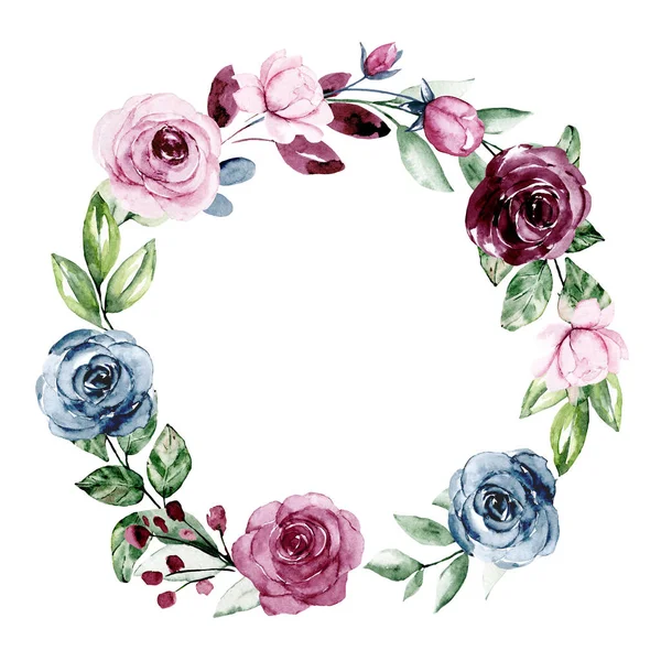 Couronne Avec Des Fleurs Aquarelle Ensemble Floral Pour Carte Vœux — Photo