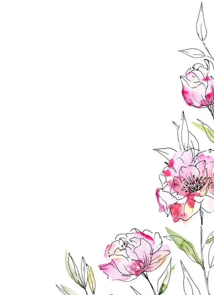 Çiçeksel Çerçeve Sınır Tasarımı Suluboya Boya Çiçek Yapraklar — Stok fotoğraf