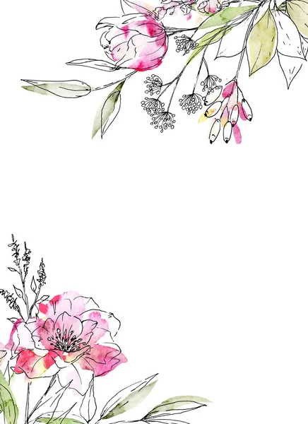 Kwiecista Ramka Obramowanie Akwarelą Malowanie Kwiatów Liści — Zdjęcie stockowe