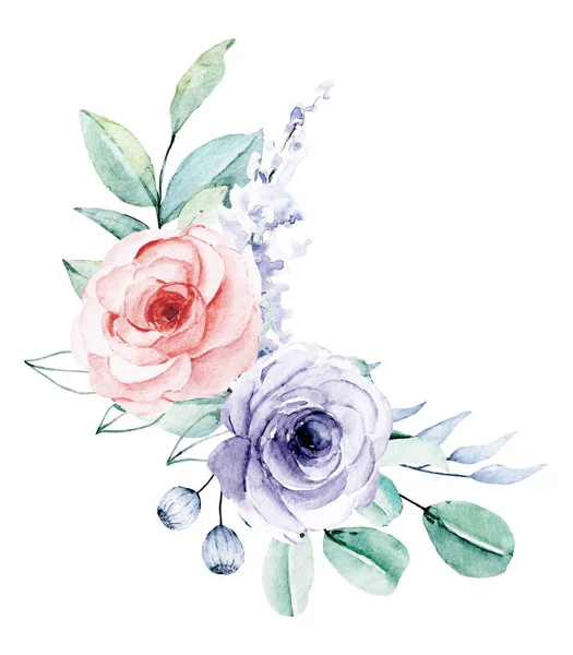 Fleurs Aquarelle Avec Feuilles Peinture Main Concept Floral — Photo