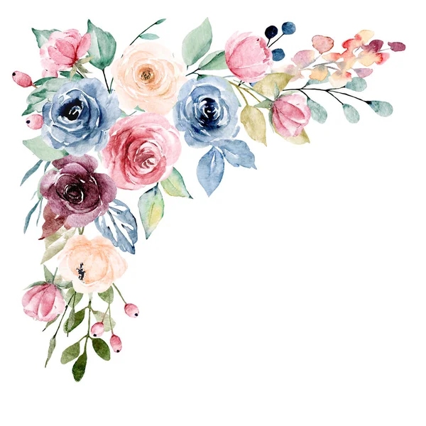 Bloemkader Rand Ontwerp Met Aquarel Schilderen Bloemen Bladeren — Stockfoto