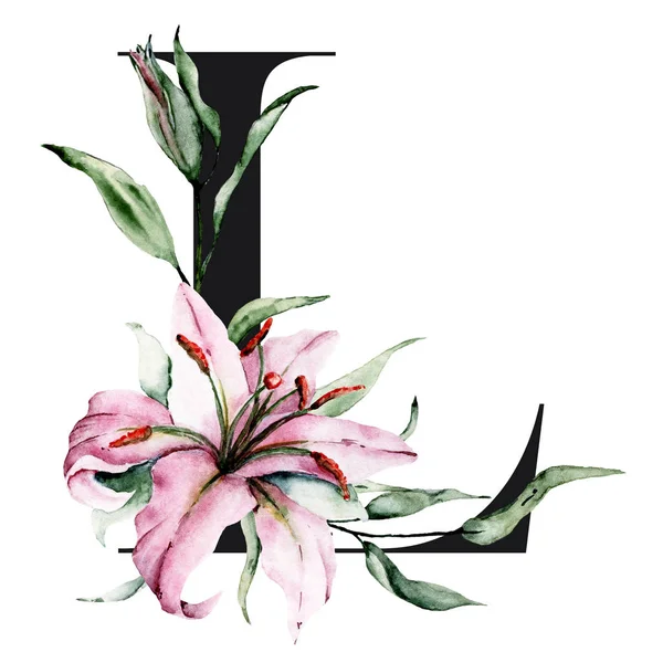 Pintura Acuarela Letra Decorada Con Elementos Florales Monograma Floral —  Fotos de Stock