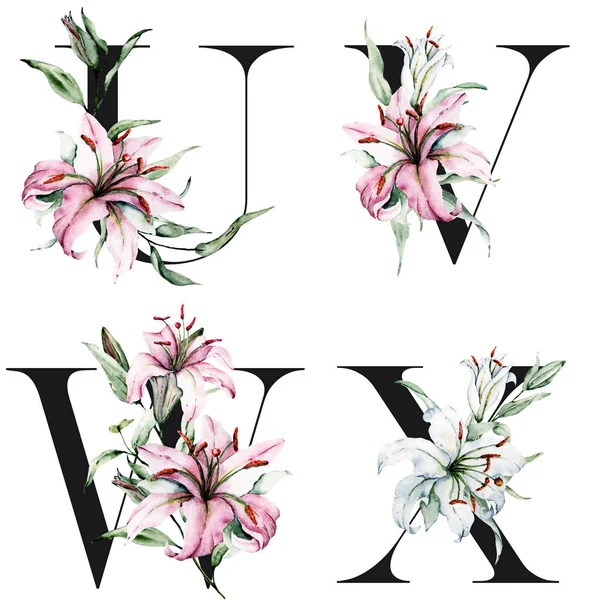 Floral Alphabet Letters Creative Watercolor Art Painting — 스톡 사진