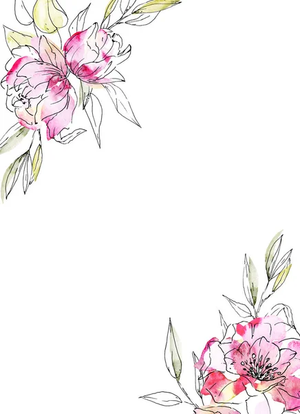 Květinový Rám Lemování Design Akvarelem Malování Květin Listí — Stock fotografie
