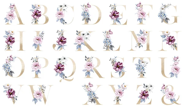 yaratıcı çiçek alfabesi, sanat suluboya çiçekler ve yapraklarla harfler. 