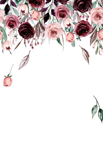 Çiçeksel çerçeve sınır tasarımı, suluboya boya çiçek ve yapraklar