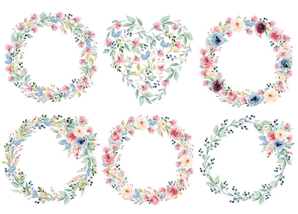 Комплект венков, рисунок цветов, цветочная акварель
 