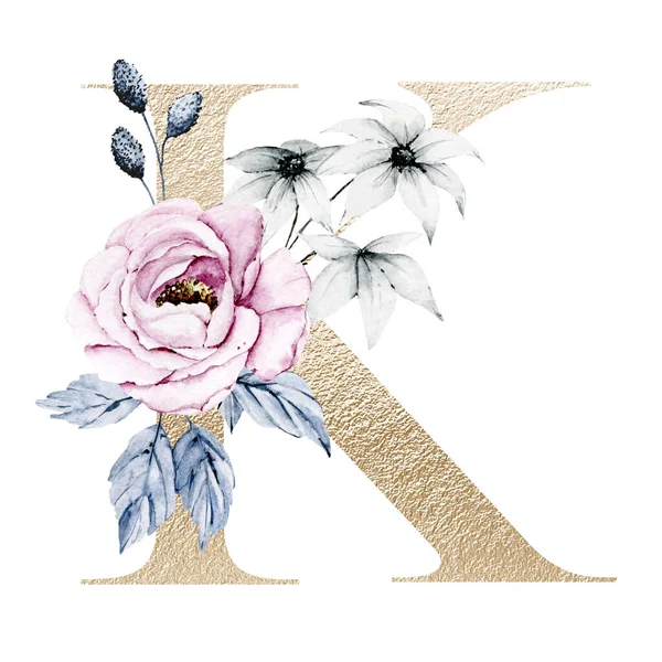 Cute Watercolor Art Painting Letter Flowers Leaves Floral Alphabet White — Stock Photo, Image