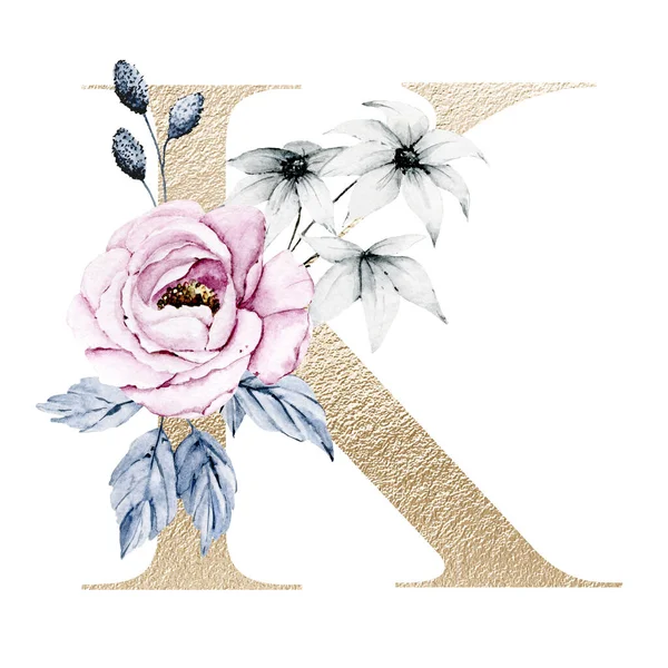 cute watercolor art painting, letter K with flowers and leaves, floral alphabet on white background