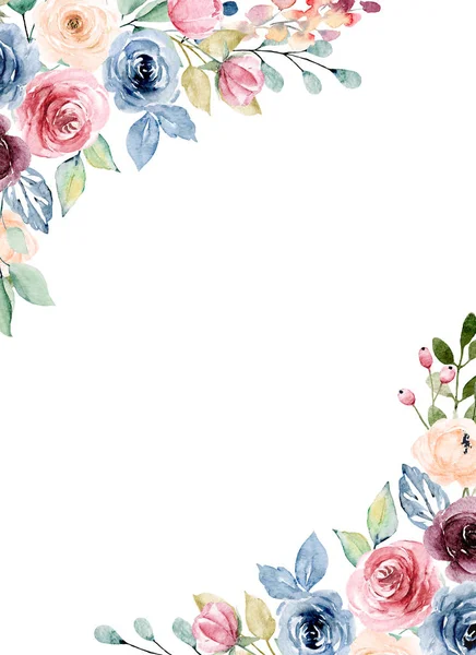 Floral Frame Border Design Watercolor Painting Flowers Leaves — 스톡 사진