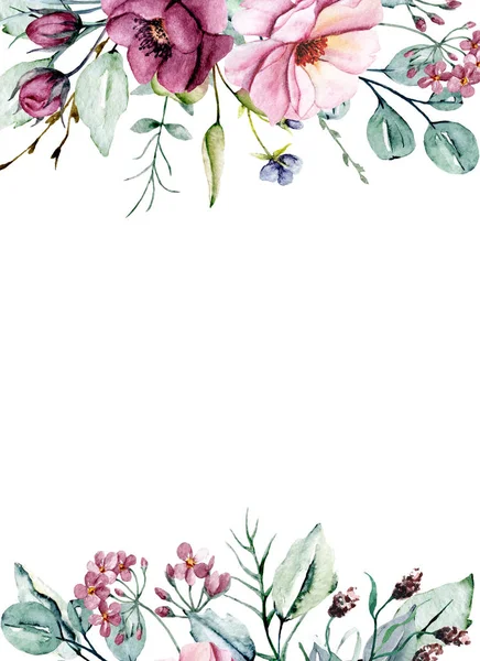 Floral Frame Border Design Watercolor Painting Flowers Leaves — Stock Photo, Image