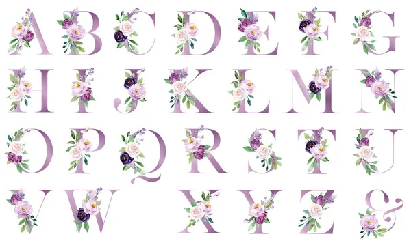 Alfabeto Floral Letras Engastadas Con Flores Hojas Acuarela — Foto de Stock