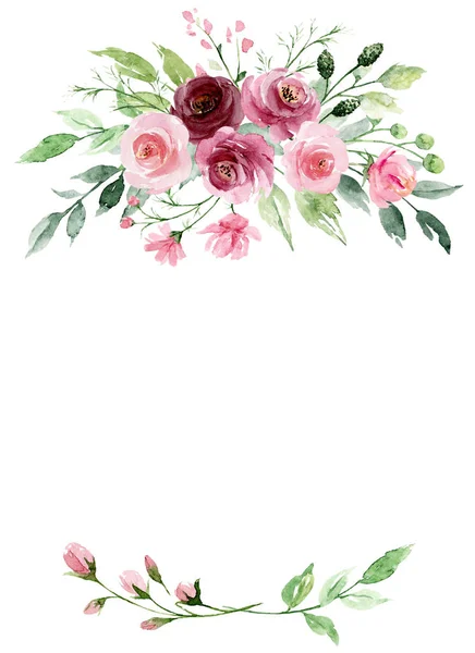 Floral Frame Border Design Watercolor Painting Flowers Leaves — 스톡 사진