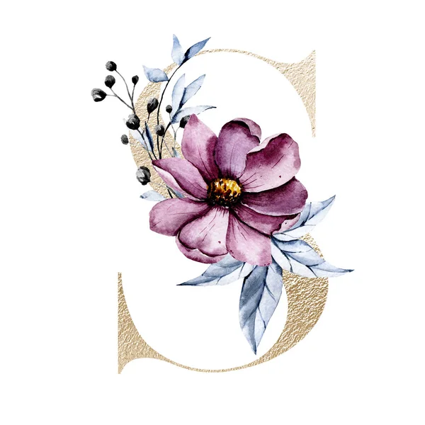 cute watercolor art painting, letter S with flowers and leaves, floral alphabet on white background