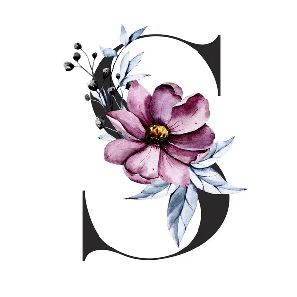 Ακουαρέλα Ζωγραφική Τέχνη Γράμμα Λουλούδια Και Φύλλα Floral Αλφάβητο — Φωτογραφία Αρχείου