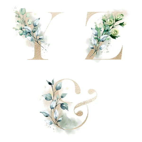 Floral Αλφάβητο Γράμματα Και Σύμβολο Ampersand Λουλούδια Ακουαρέλα Δημιουργικός Σχεδιασμός — Φωτογραφία Αρχείου