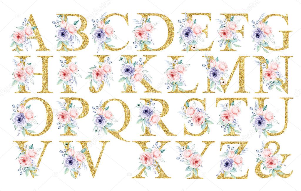 alphabet with floral elements, art watercolor painting letters with flowers and leaves