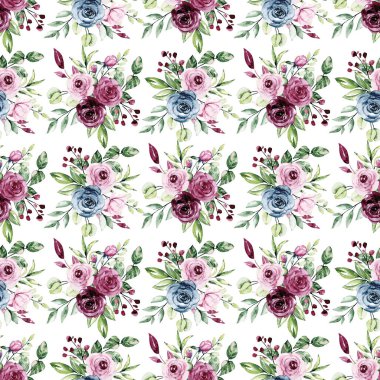 Güzel renkli güller, dikişsiz suluboya desenli çiçekler.