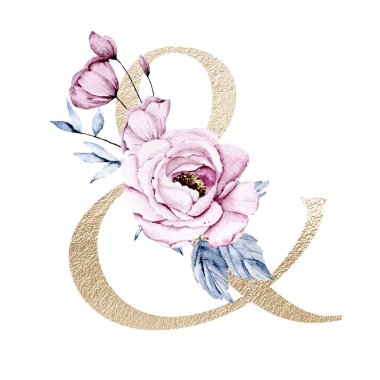 ampersand symbol on white background, watercolor painting with flowers