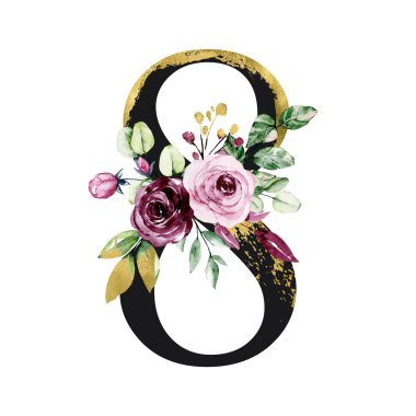 number 8 on white background, with flowers and leaves made with watercolor, floral monogram
