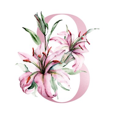 Çiçek ve yapraklı 8 numaralı yaratıcı resim, elle çizilmiş suluboya resim