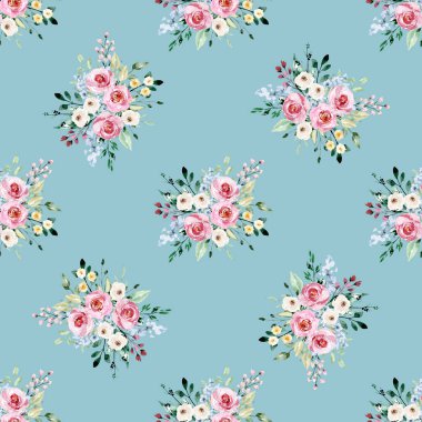 Çiçeksel elementlerle kusursuz suluboya çizimi, arka planı tekrarla