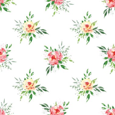 Çiçeksel elementlerle kusursuz suluboya çizimi, arka planı tekrarla