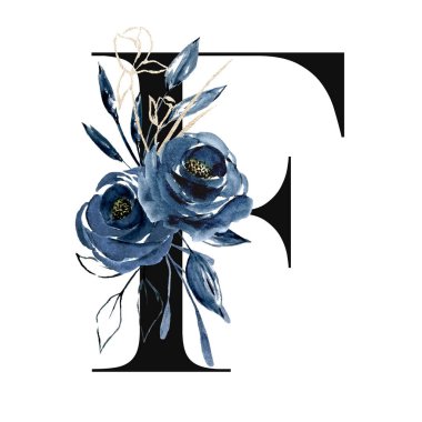 Şirin suluboya resim, çiçekli ve yapraklı F harfi, beyaz arkaplanda çiçek alfabesi.