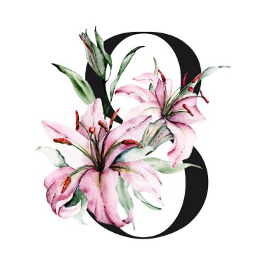 Çiçek ve yapraklı 8 numaralı yaratıcı resim, elle çizilmiş suluboya resim