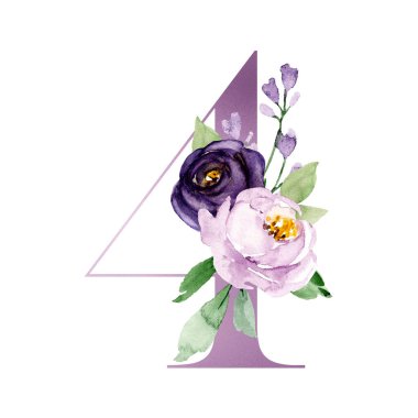 number 4 decorated with flowers and leaves on white background