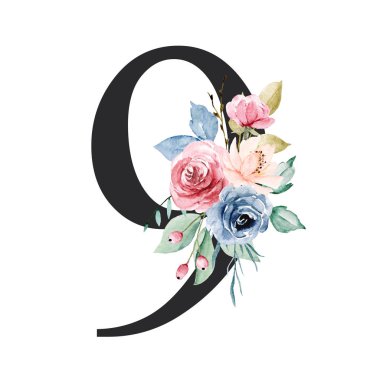 number 9 on white background, with flowers and leaves made with watercolor, floral monogram