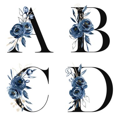 Çiçek alfabesi, A, B, C, D harfleri, yaratıcı suluboya resim