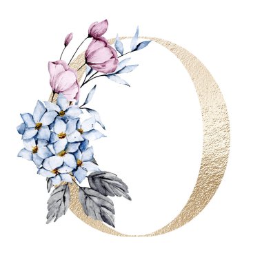 Şirin suluboya resim, çiçek ve yapraklı O harfi, beyaz arkaplanda çiçek alfabesi.