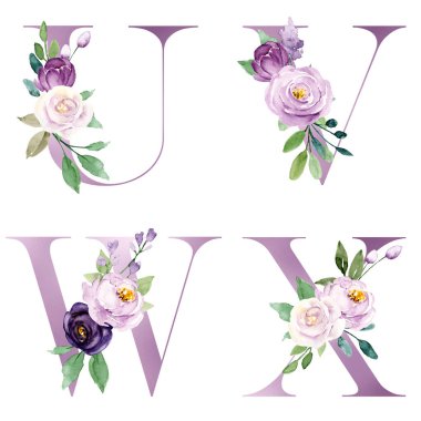 Çiçekler ve yapraklarla yazılmış güzel mektuplar, suluboya resimler.