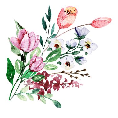 Yapraklı suluboya çiçekler, çiçek boyama konsepti.