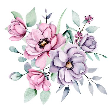 beautiful watercolor flowers, botanic composition for wedding or greeting card