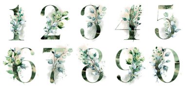numbers set with watercolor art painting elements on white background