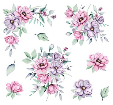 Floral collection with watercolor flowers, set of colorful bouquets