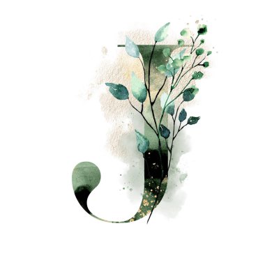 Çiçekli, suluboya çiçekli ve yapraklı J harfi