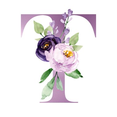 suluboya resim, çiçek ve yapraklı T harfi, çiçek alfabesi.