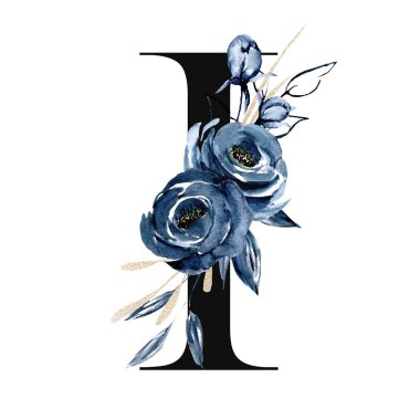 Şirin suluboya resim, çiçekli ve yapraklı I harfi, beyaz arkaplanda çiçek alfabesi.