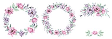 Çiçek çelenkleriyle dekorasyon konsepti, suluboya çiçek tokası sanatı.