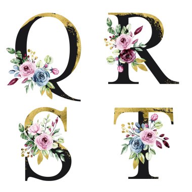 floral alphabet, letters Q, R, S, T with watercolor flowers, creative art design, monogram initials