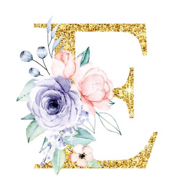 Altın alfabe, çiçekli ve yapraklı E harfi suluboya resim, çiçek desenli monogram