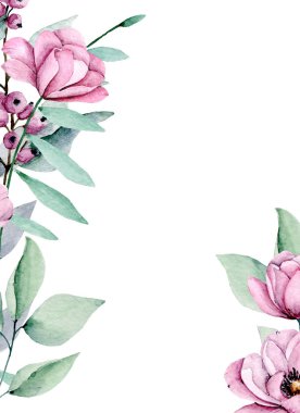 Suluboya çiçekler, tebrik kartı, davetiye ve diğer baskı tasarımları için çiçek çerçevesi. Beyazda izole edilmiş. El çizimi.