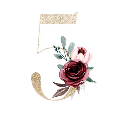 golden number 5, with flowers and leaves isolated on white, watercolor painting