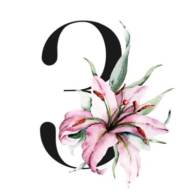 Çiçekli ve yapraklı yaratıcı 3 numara, elle çizilmiş suluboya resim