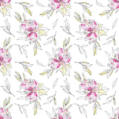 Çiçeksel elementlerle kusursuz suluboya çizimi, arka planı tekrarla