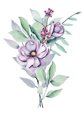 Yapraklı suluboya çiçekler, çiçek boyama konsepti.